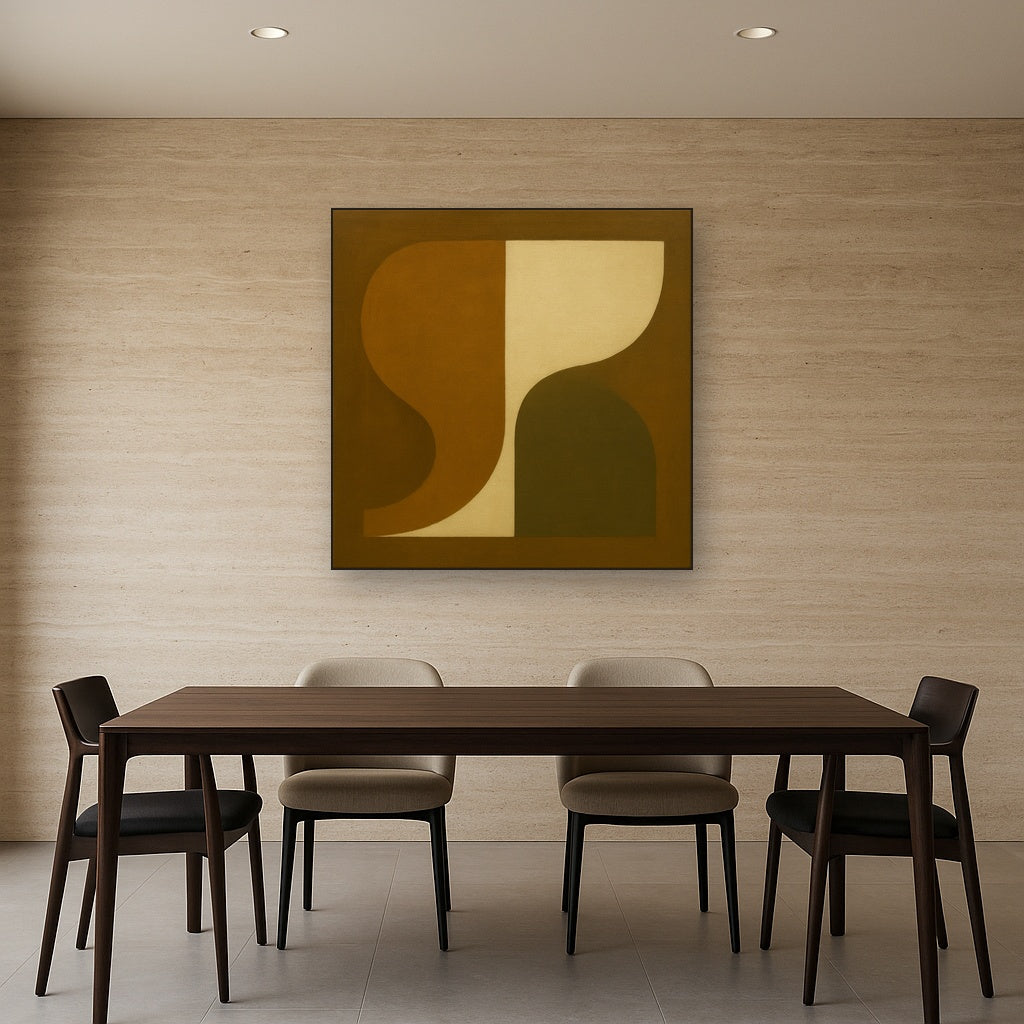 Minimalist Asymmetrical Balance in Raw Umber No. 23 Oil Painting Staged Above Dining Room Credenza, Elegant Hand Painted Oil Art for Dining Room Walls