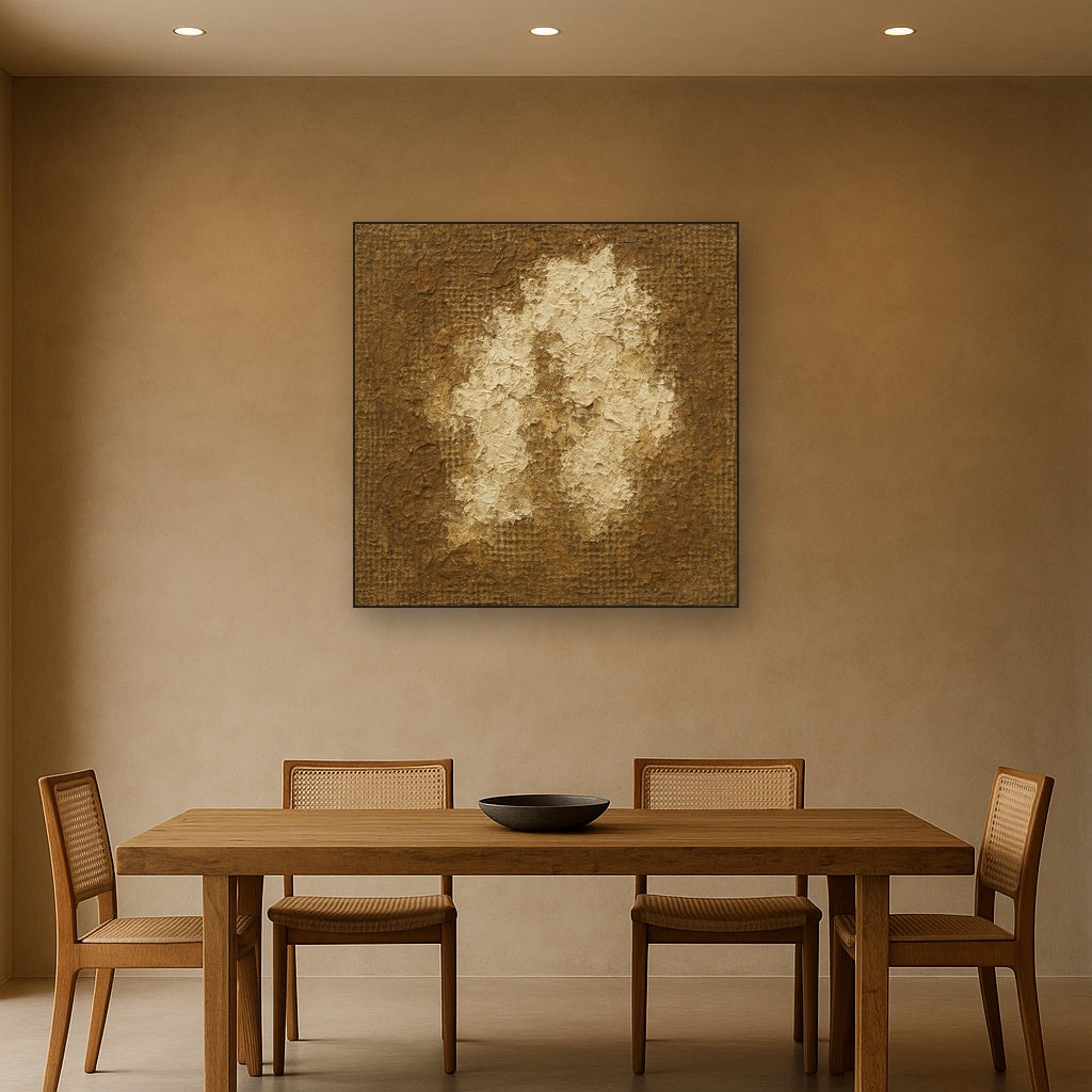Aged Linen & Burlap Weave Earthy Oil Painting - Styled in Elegant Dining Room