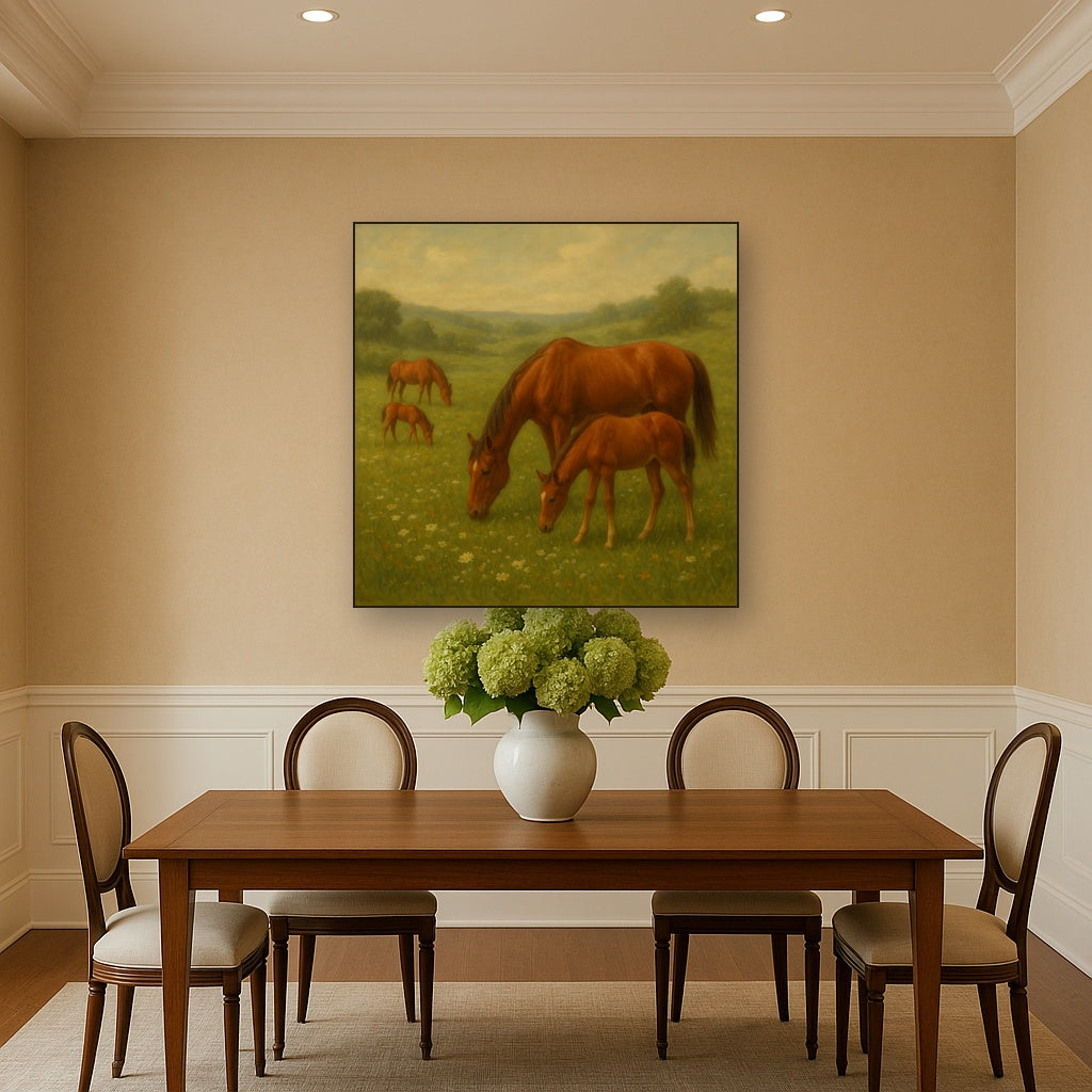 Mares & Foals Grazing in Rolling Meadow No. 19 Oil Painting Staged Above Dining Room Credenza, Elegant Hand Painted Oil Art for Dining Room Walls