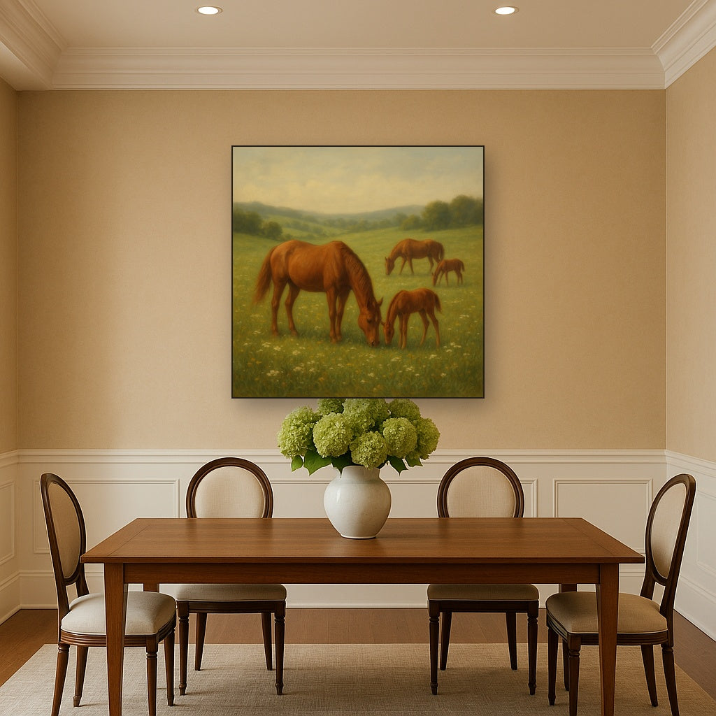 Mares & Foals Grazing in Rolling Meadow No. 3 Oil Painting - View 4