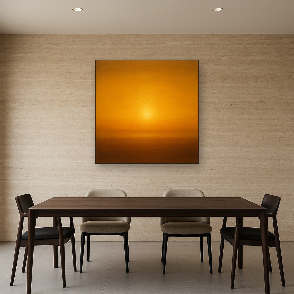 Warm Amber & Raw Sienna Sunset Meditation No. 4 Oil Painting Staged Above Dining Room Credenza, Elegant Hand Painted Oil Art for Dining Room Walls