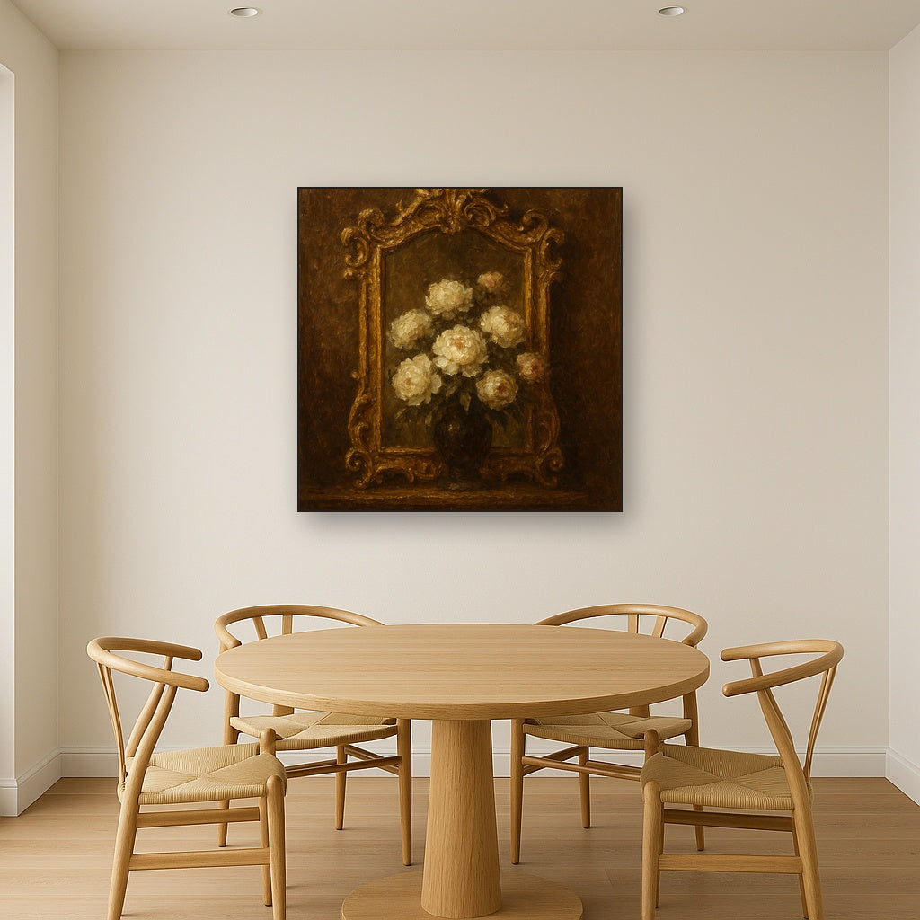 Baroque Gilded Mirror & Peonies No. 5 Oil Painting - Styled in Elegant Dining Room