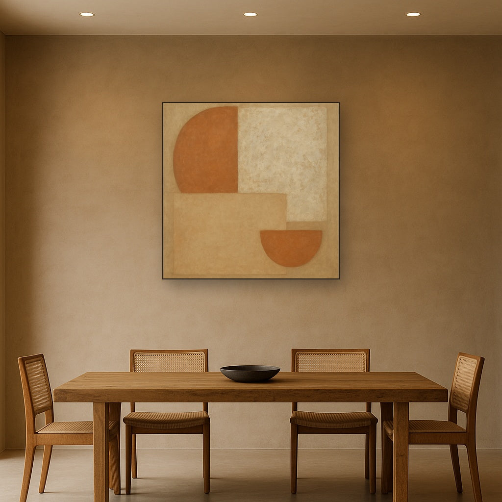 Earthy Terracotta & Weathered Plaster Wash No. 18 Oil Painting Staged Above Dining Room Credenza, Elegant Hand Painted Oil Art for Dining Room Walls