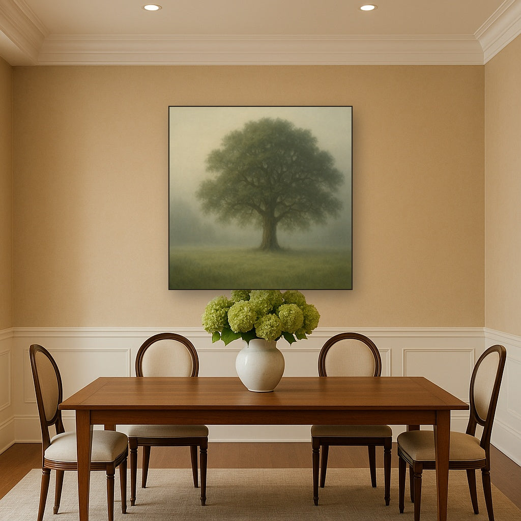 Ancient Solitary Oak in Morning Fog No. 8 Oil Painting - View 4