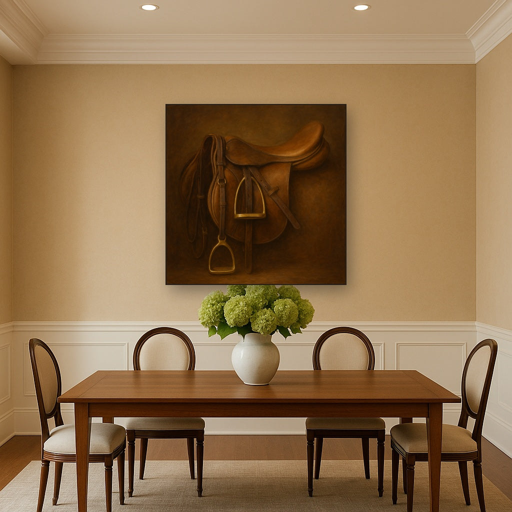 Vintage Bridle & Polished Leather Saddle No. 7 Oil Painting Staged Above Dining Room Credenza, Elegant Hand Painted Oil Art for Dining Room Walls