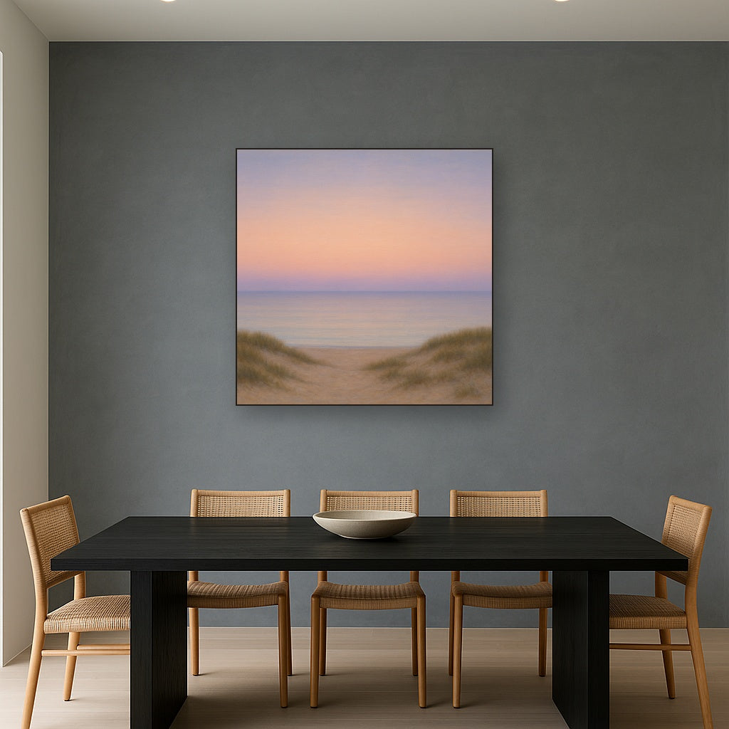 Pastel Dusk Horizon over Calm Atlantic Waters No. 11 Oil Painting Staged Above Dining Room Credenza, Elegant Hand Painted Oil Art for Dining Room Walls