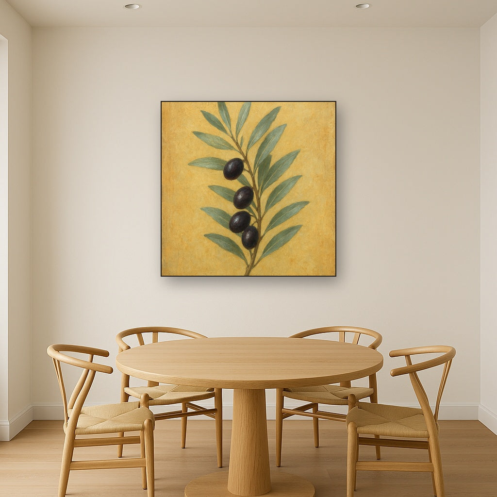 Mediterranean Olive Branch Botanical Oil Painting - Styled in Elegant Dining Room