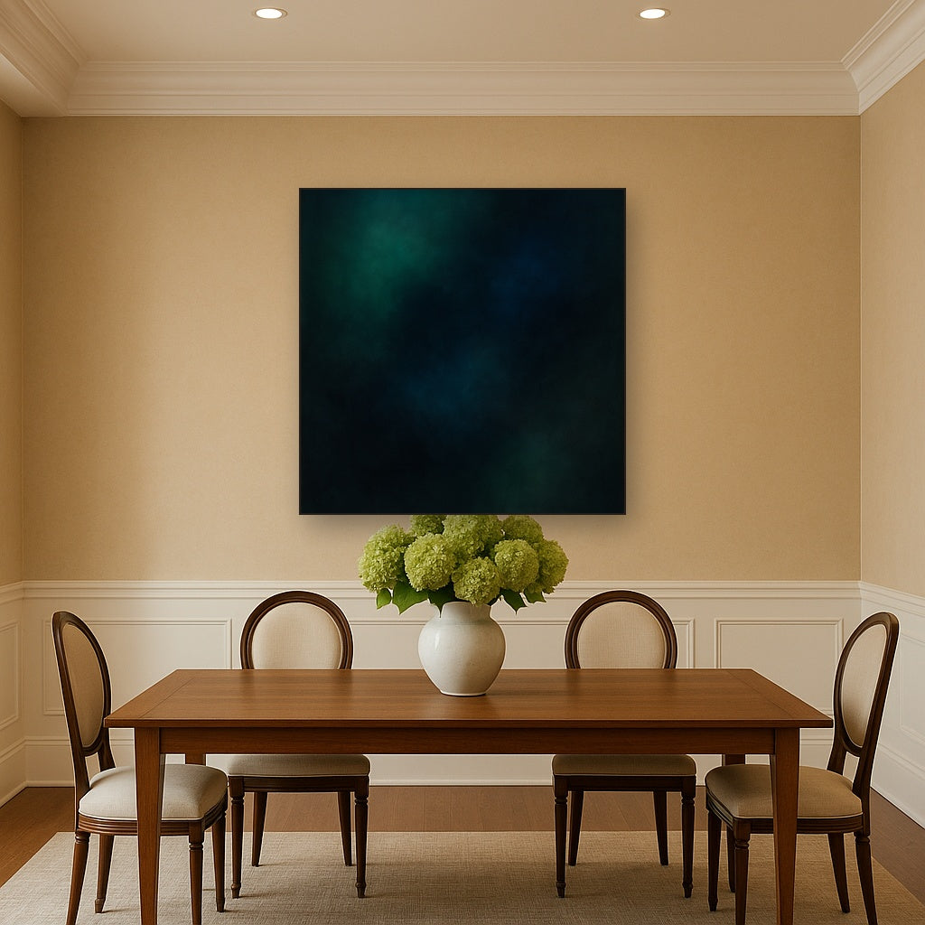 Emerald & Midnight Sapphire Sfumato Immersion No. 13 Oil Painting Staged Above Dining Room Credenza, Elegant Hand Painted Oil Art for Dining Room Walls