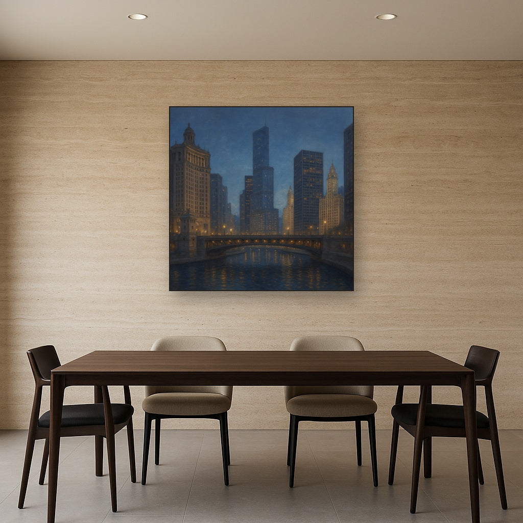 Chicago Riverfront Architecture at Blue Hour No. 15 Oil Painting - View 4