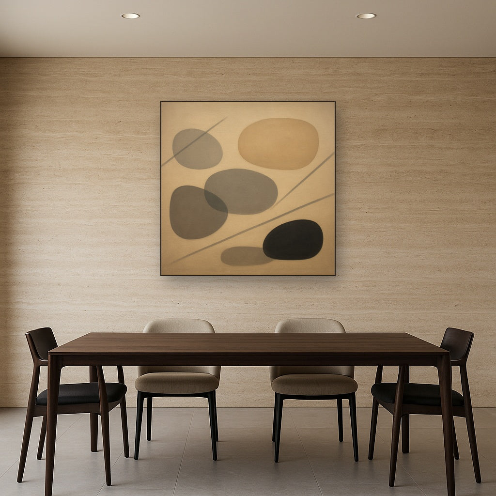 Organic Pebble Contours & Slanted Lines No. 21 Oil Painting Staged Above Dining Room Credenza, Elegant Hand Painted Oil Art for Dining Room Walls