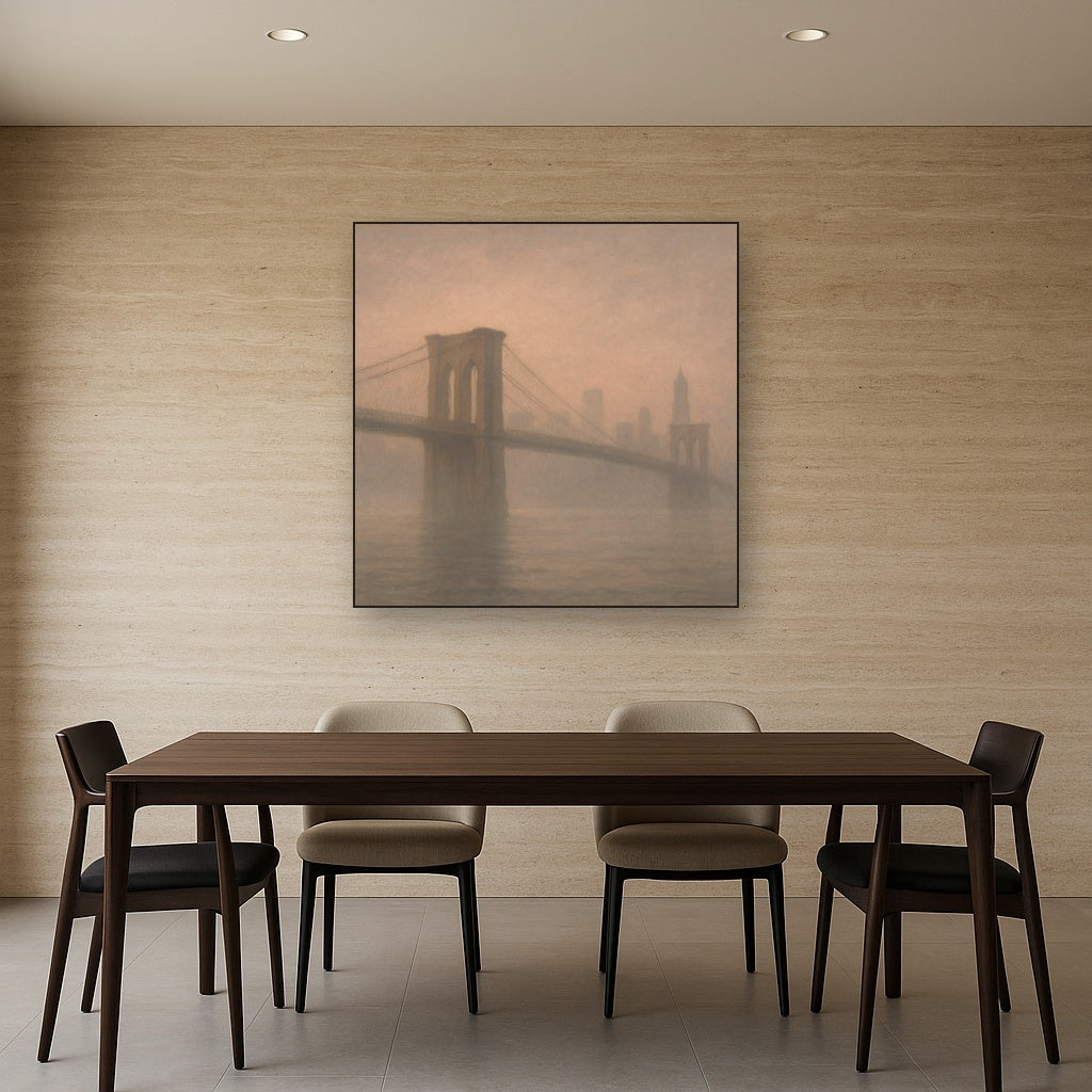 Brooklyn Bridge in Morning River Mist No. 24 Oil Painting Staged Above Dining Room Credenza, Elegant Hand Painted Oil Art for Dining Room Walls
