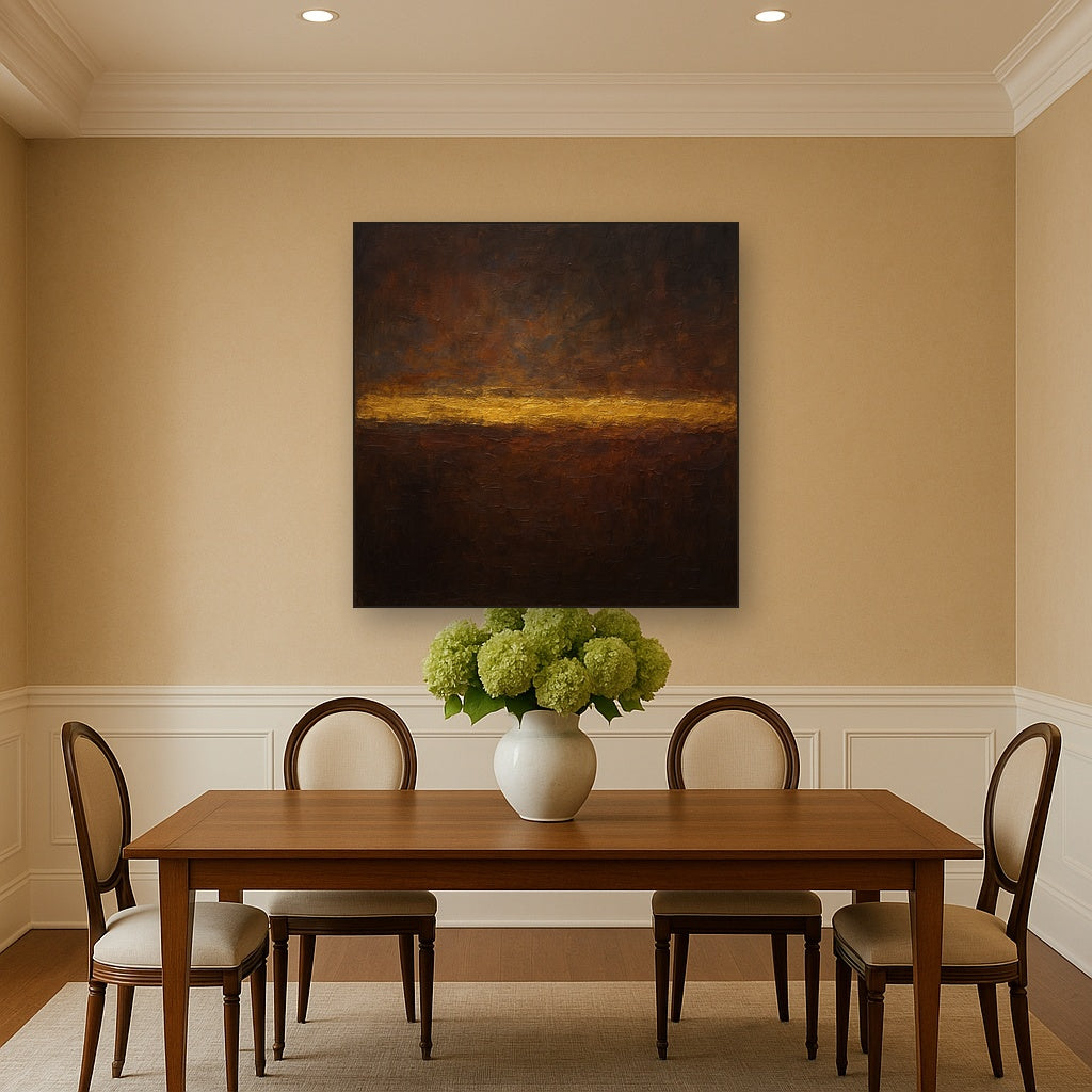 Espresso Velvet & Gilded Horizon No. 3 Oil Painting - Styled in Elegant Dining Room