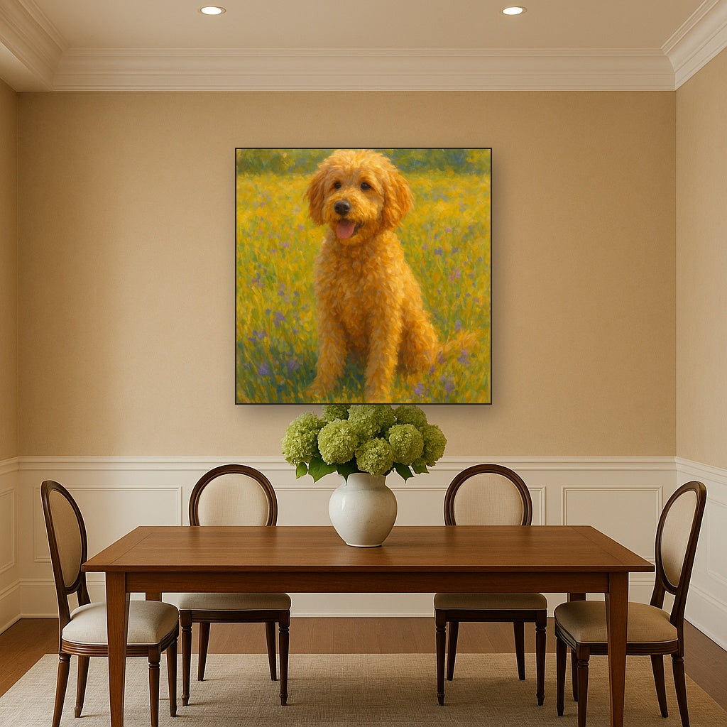 Fluffy Goldendoodle in Sun-Drenched Meadow No. 7 Fine Art Oil Painting - View 4