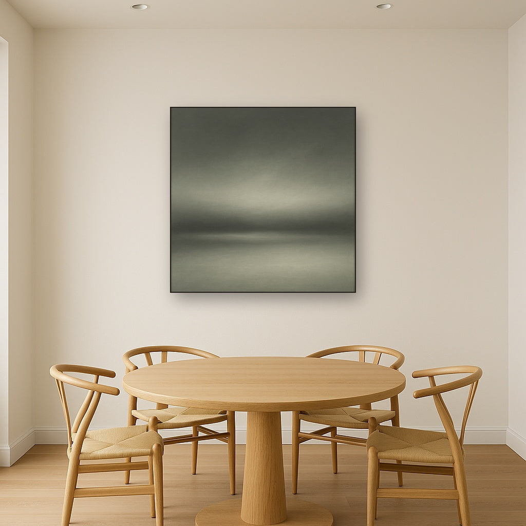 Monochrome Charcoal Drift & Soft Sfumato Horizon No. 22 Oil Painting Staged Above Dining Room Credenza, Elegant Hand Painted Oil Art for Dining Room Walls