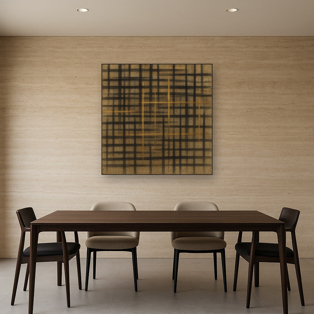 Abstract Woven Line Matrix in Charcoal & Gold No. 12 Fine Art Oil Painting - View 4
