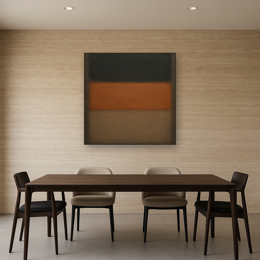 Charcoal Slate & Burnished Copper Horizon No. 14 Oil Painting Staged Above Dining Room Credenza, Elegant Hand Painted Oil Art for Dining Room Walls