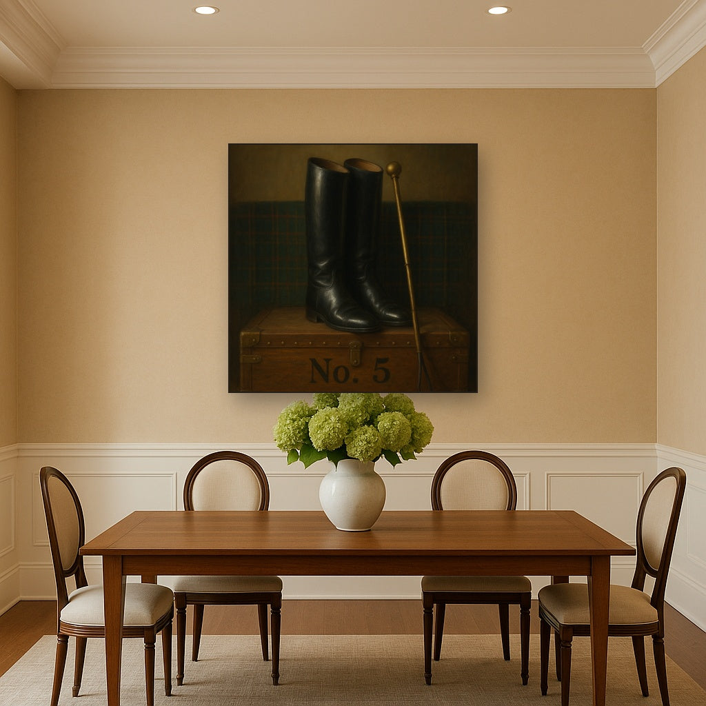 Vintage Riding Boots & Brass Crop on Trunk No. 5 Oil Painting Staged Above Dining Room Credenza, Elegant Hand Painted Oil Art for Dining Room Walls