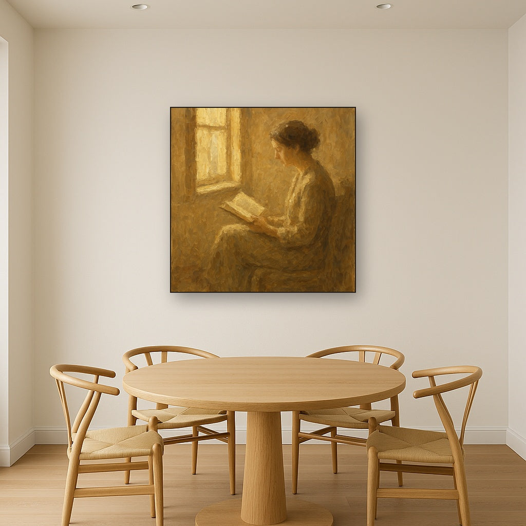 Quiet Reading Figure Figurative Oil Painting - Styled in Elegant Dining Room