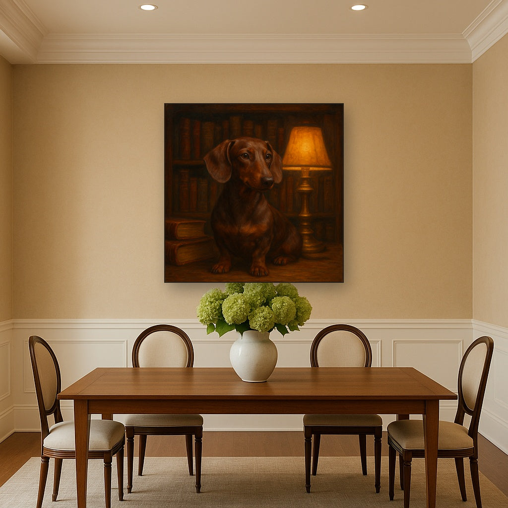 Smooth Dachshund in Moody Library Study Fine Art Oil Painting - View 4