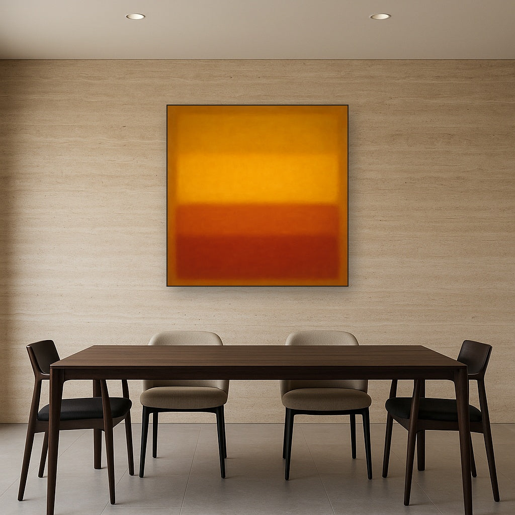 Luminous Ochre & Terracotta Horizon Color Field No. 14 Oil Painting Staged Above Dining Room Credenza, Elegant Hand Painted Oil Art for Dining Room Walls