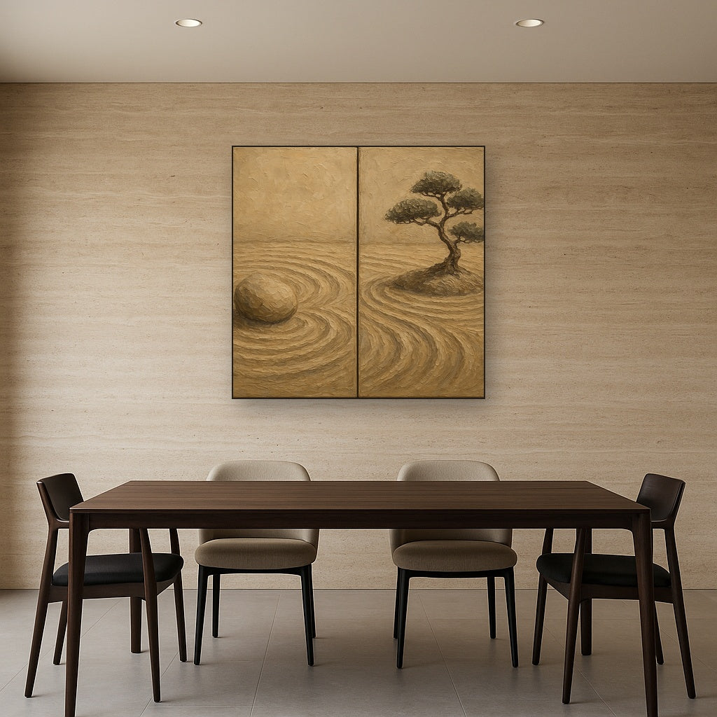 Japandi Zen Garden Diptych Oil Painting - Styled in Elegant Dining Room