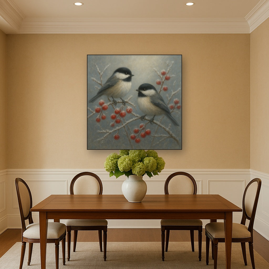 Winter Birds on Frosty Red Berry Branch No. 6 Oil Painting - View 4
