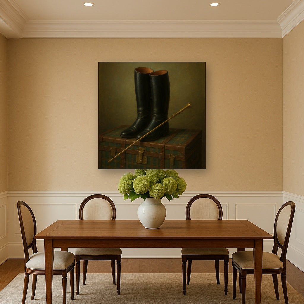 Vintage Riding Boots & Brass Crop on Trunk No. 3 Oil Painting - View 4