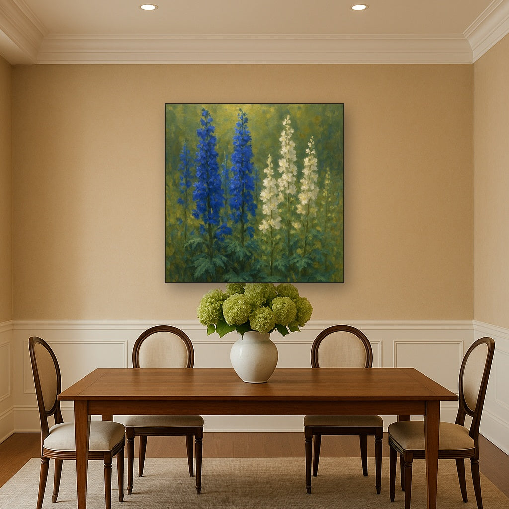 Wild Blue Delphiniums & White Larkspur Garden Fine Art Oil Painting - View 4
