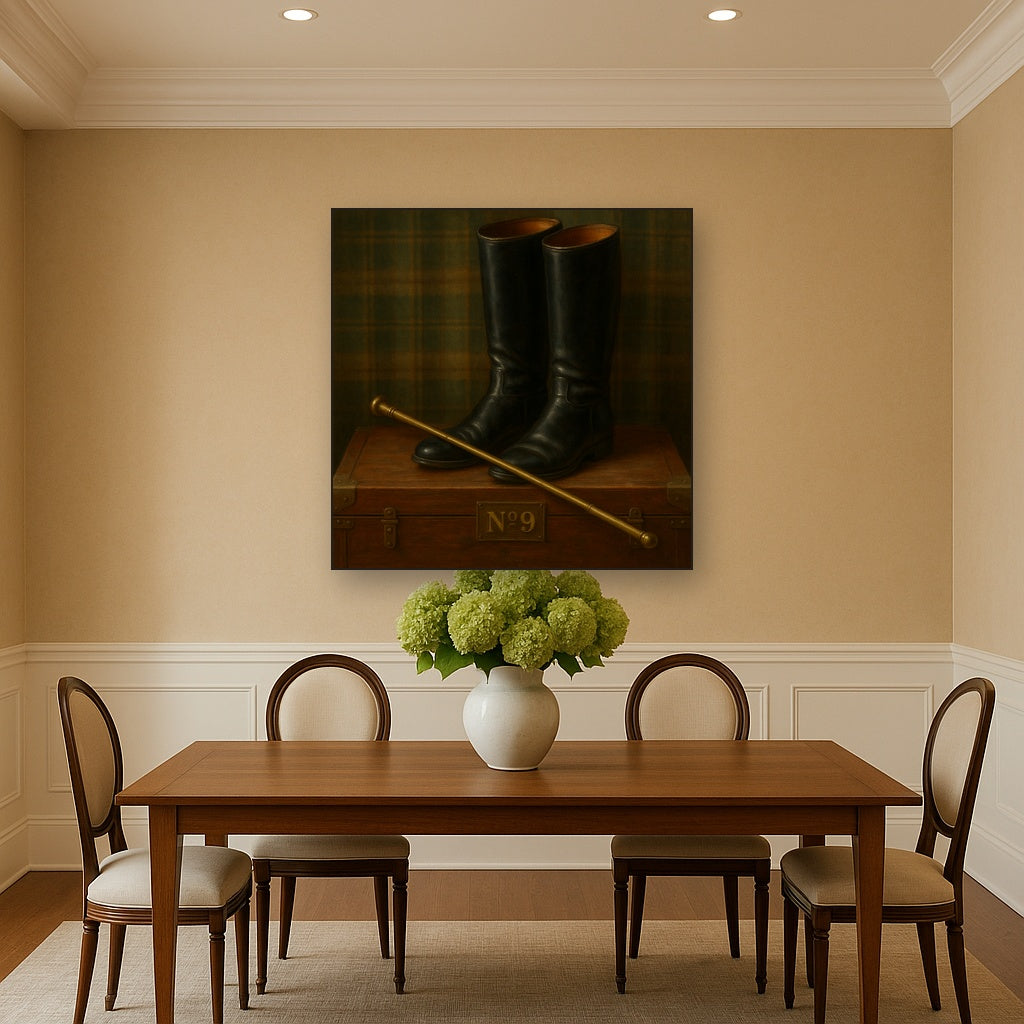 Vintage Riding Boots & Brass Crop on Trunk No. 9 Oil Painting Staged Above Dining Room Credenza, Elegant Hand Painted Oil Art for Dining Room Walls