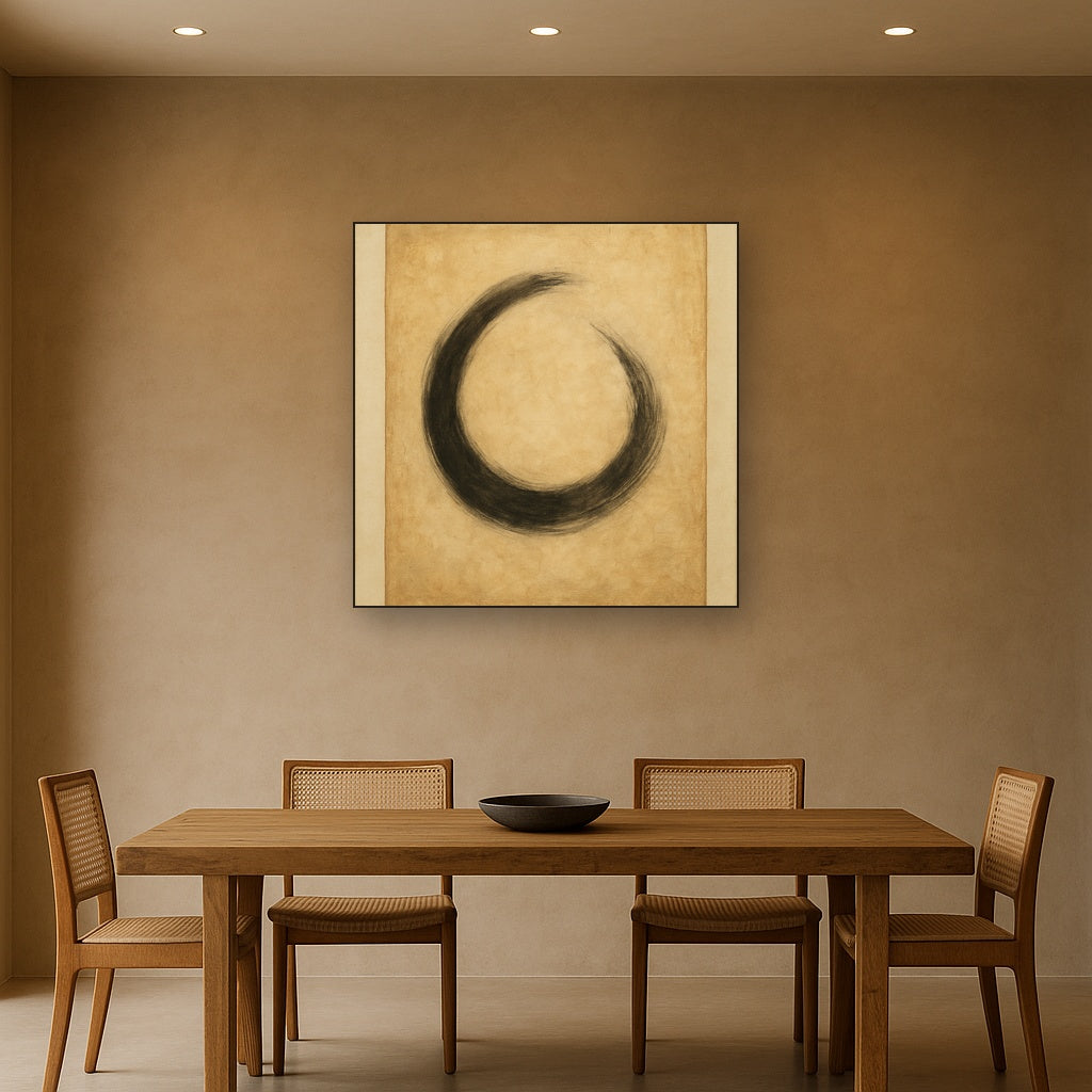 Aged Rice Paper & Charcoal Calligraphic Balance No. 14 Oil Painting Staged Above Dining Room Credenza, Elegant Hand Painted Oil Art for Dining Room Walls