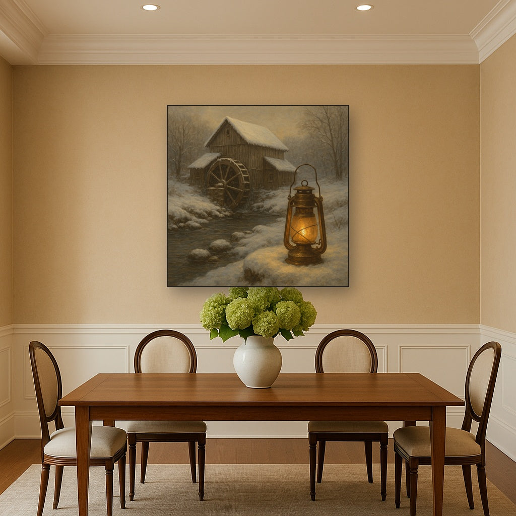 Snowy Mill Stream & Glowing Lantern No. 7 Oil Painting - View 4