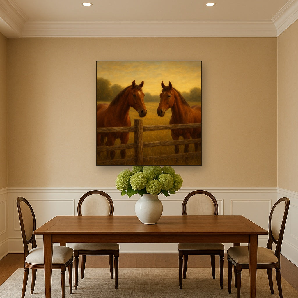 Two Horses at Rustic Post & Rail Fence No. 4 Oil Painting Staged Above Dining Room Credenza, Elegant Hand Painted Oil Art for Dining Room Walls