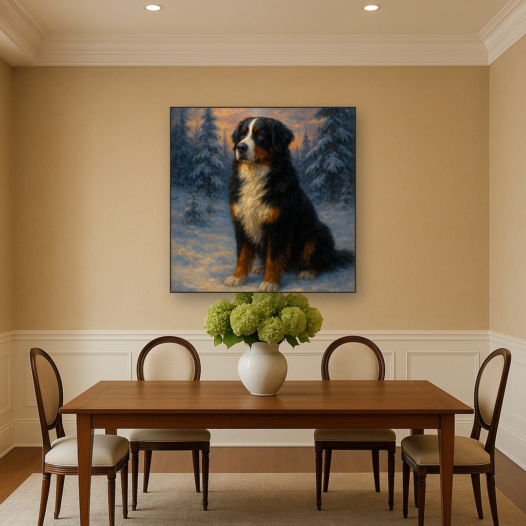 Bernese Mountain Dog in Winter Snowscape No. 11 Fine Art Oil Painting - View 4