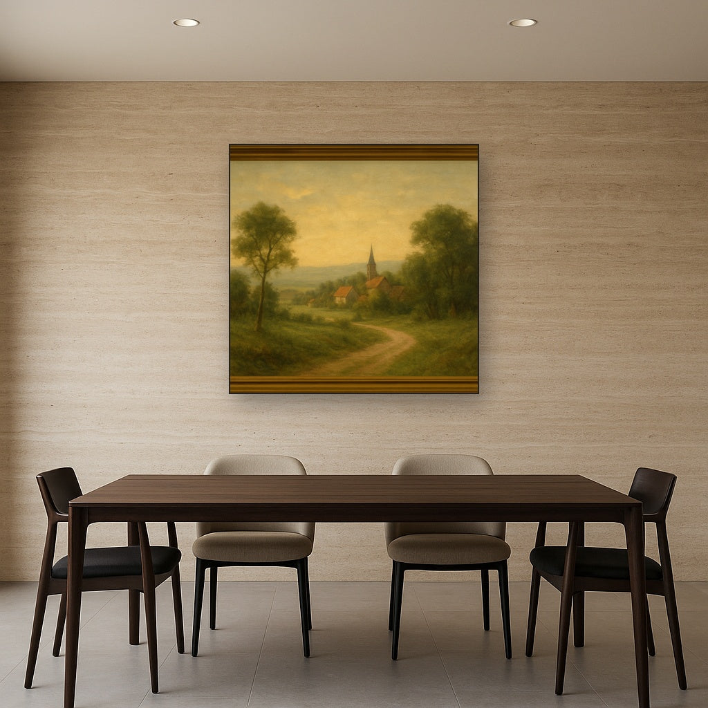 Rome Piazza Fountain in Morning Sunlight No. 6 Oil Painting Staged Above Dining Room Credenza, Elegant Hand Painted Oil Art for Dining Room Walls