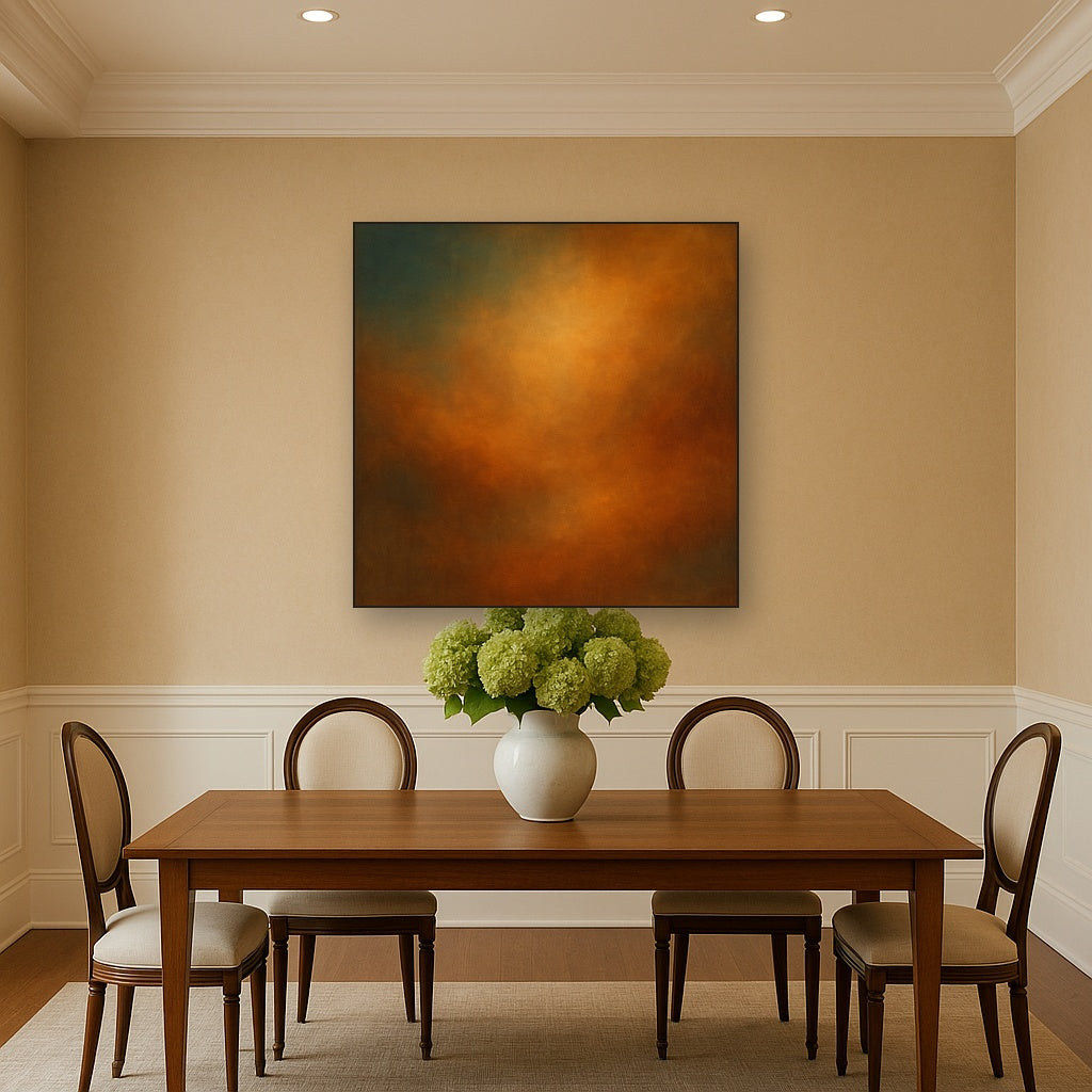 Deep Topaz & Spiced Terracotta Glow No. 20 Oil Painting Staged Above Dining Room Credenza, Elegant Hand Painted Oil Art for Dining Room Walls