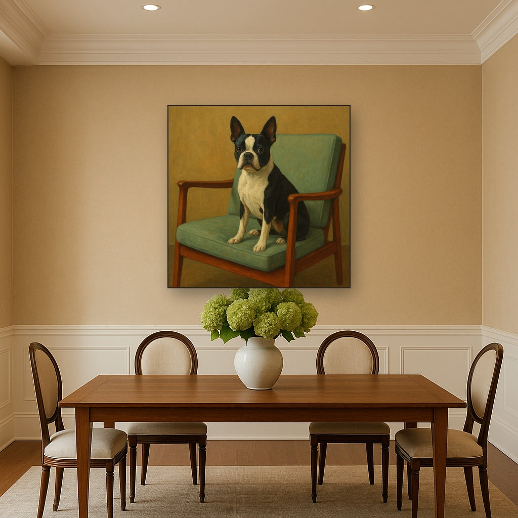 Boston Terrier in Warm Mid-Century Armchair No. 7 Fine Art Oil Painting - View 4