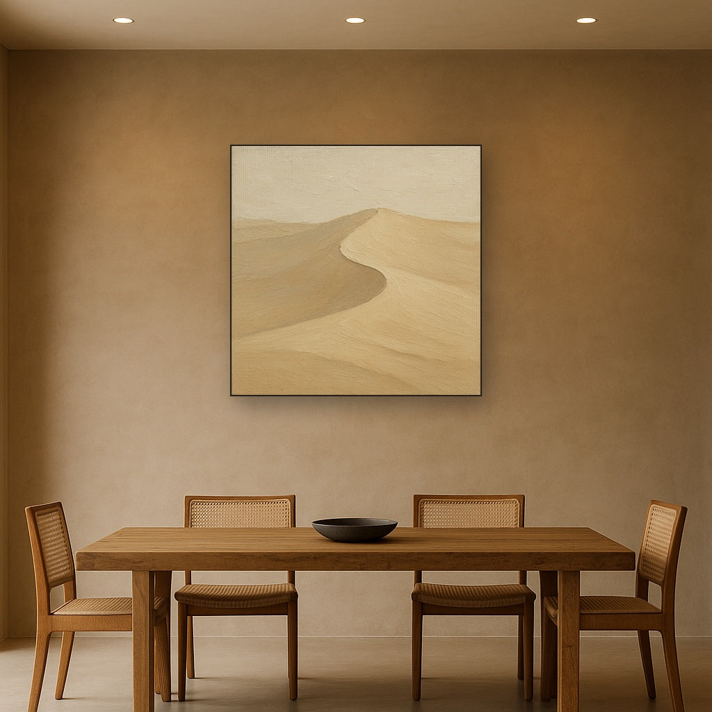 Monochrome Dune Ridge Minimalist Oil Painting - Styled in Elegant Dining Room