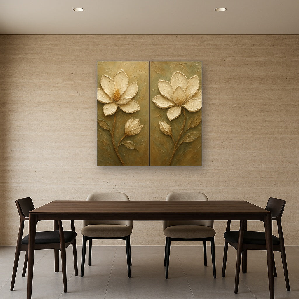 Sculptural Magnolia Diptych Blooms Oil Painting - Styled in Elegant Dining Room