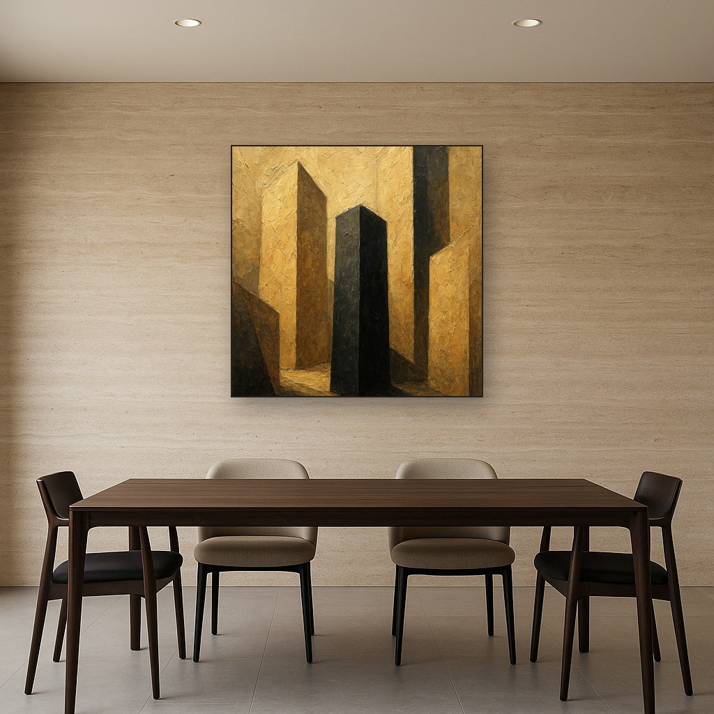 Monolithic Shadow Modern Abstract Oil Painting - Styled in Elegant Dining Room