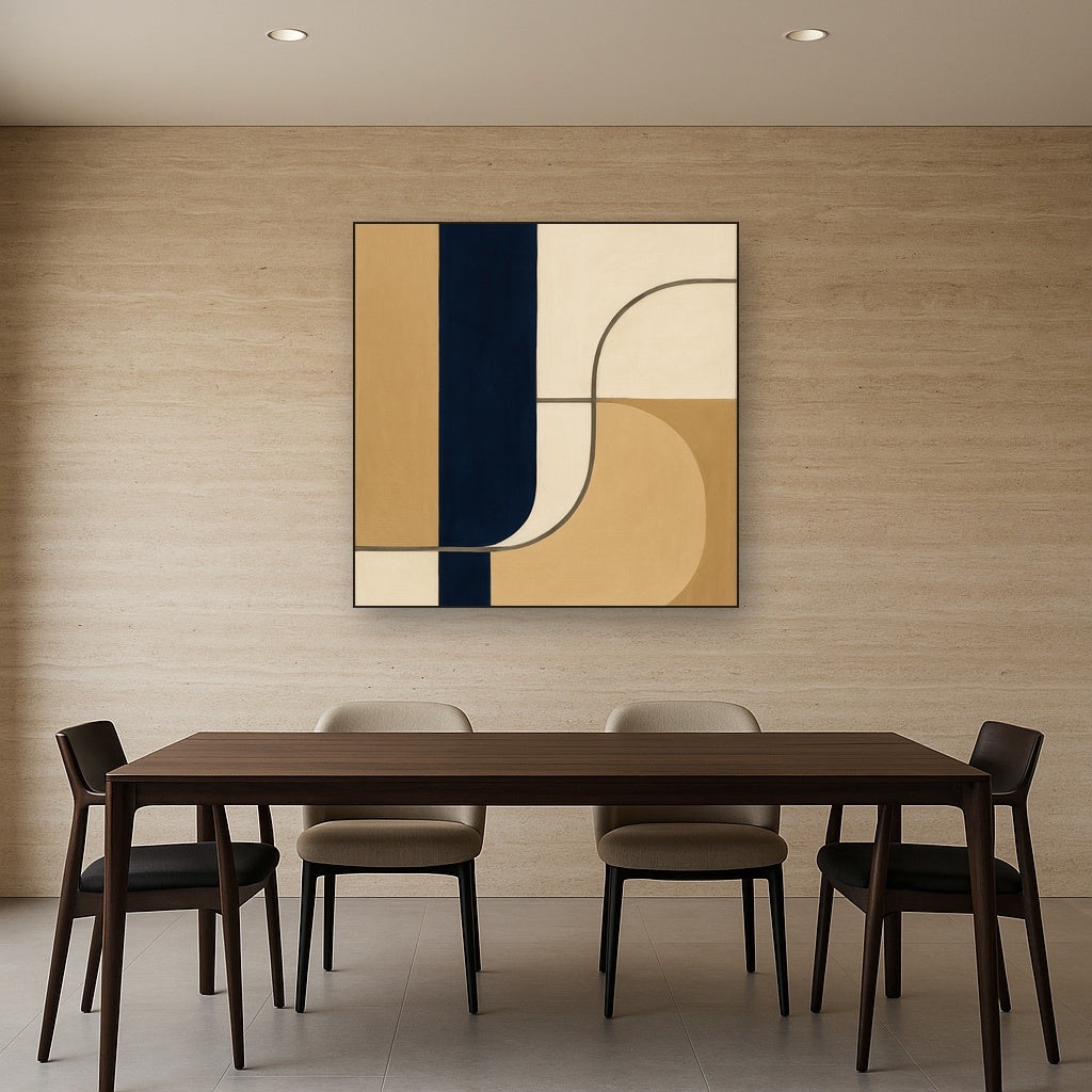 Navy & Warm Beige Geometric Line Balance No. 15 Fine Art Oil Painting - View 4