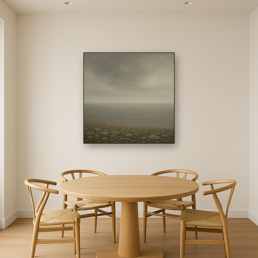Overcast Coastal Fog & Wet Pebble Shingle No. 24 Oil Painting Staged Above Dining Room Credenza, Elegant Hand Painted Oil Art for Dining Room Walls