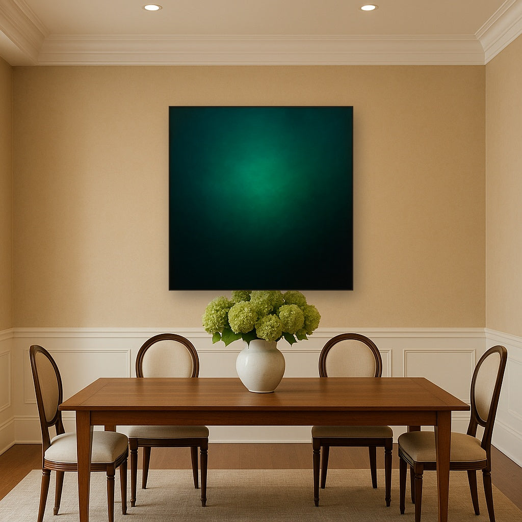 Midnight Teal & Deep Malachite Gradient No. 16 Oil Painting Staged Above Dining Room Credenza, Elegant Hand Painted Oil Art for Dining Room Walls