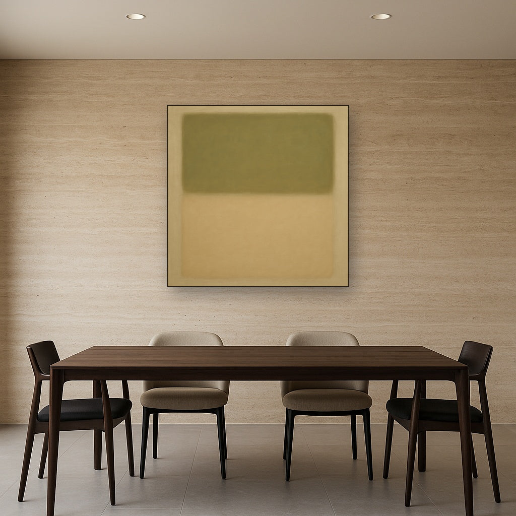 Sage Olive & Pale Sandstone Minimalist Harmony No. 26 Oil Painting Staged Above Dining Room Credenza, Elegant Hand Painted Oil Art for Dining Room Walls