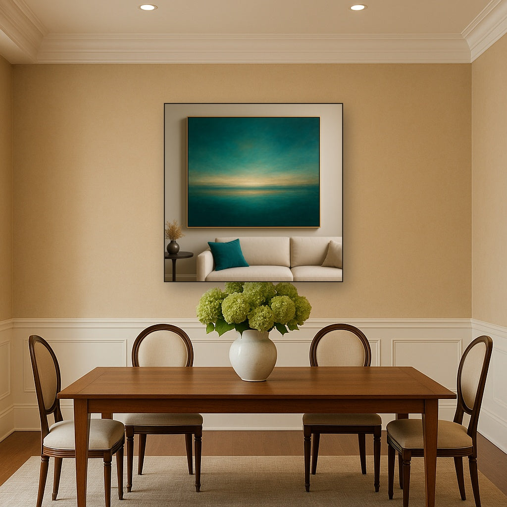 Peacock Teal & Champagne Gold Horizon No. 11 Oil Painting Staged Above Dining Room Credenza, Elegant Hand Painted Oil Art for Dining Room Walls