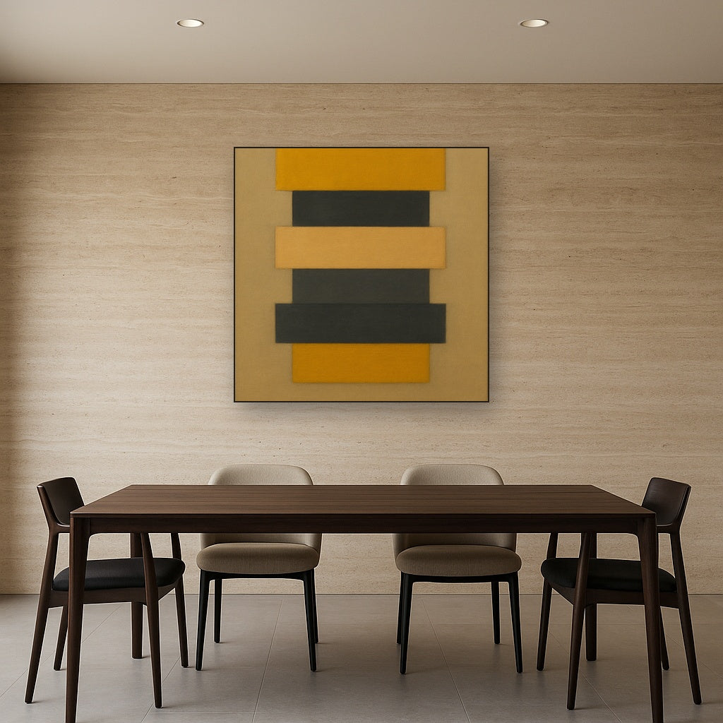Stacked Horizon Blocks in Mustard & Charcoal No. 25 Oil Painting Staged Above Dining Room Credenza, Elegant Hand Painted Oil Art for Dining Room Walls