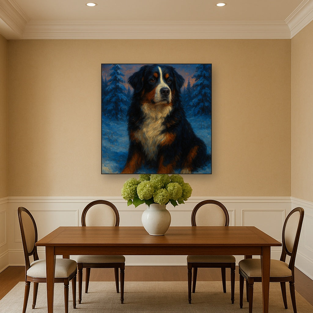 Bernese Mountain Dog in Winter Snowscape No. 9 Fine Art Oil Painting - View 4
