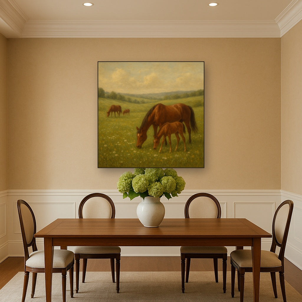 Mares & Foals Grazing in Rolling Meadow No. 15 Oil Painting - View 4