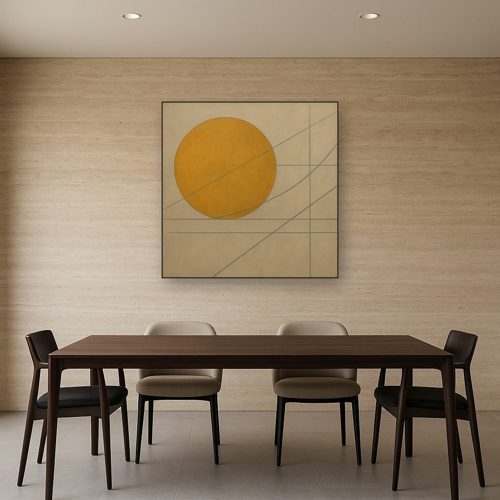 Abstract Tangent Lines & Earthy Ochre Disc No. 23 Oil Painting Staged Above Dining Room Credenza, Elegant Hand Painted Oil Art for Dining Room Walls