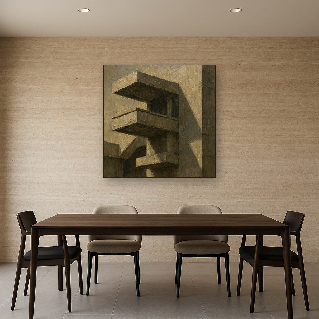 Brutalist Cantilevered Balcony Study No. 7 Oil Painting - Styled in Elegant Dining Room