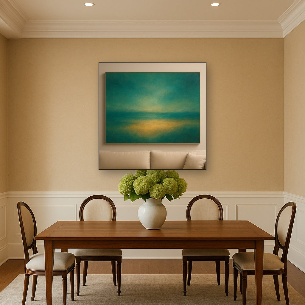 Peacock Teal & Champagne Gold Horizon No. 5 Oil Painting Staged Above Dining Room Credenza, Elegant Hand Painted Oil Art for Dining Room Walls